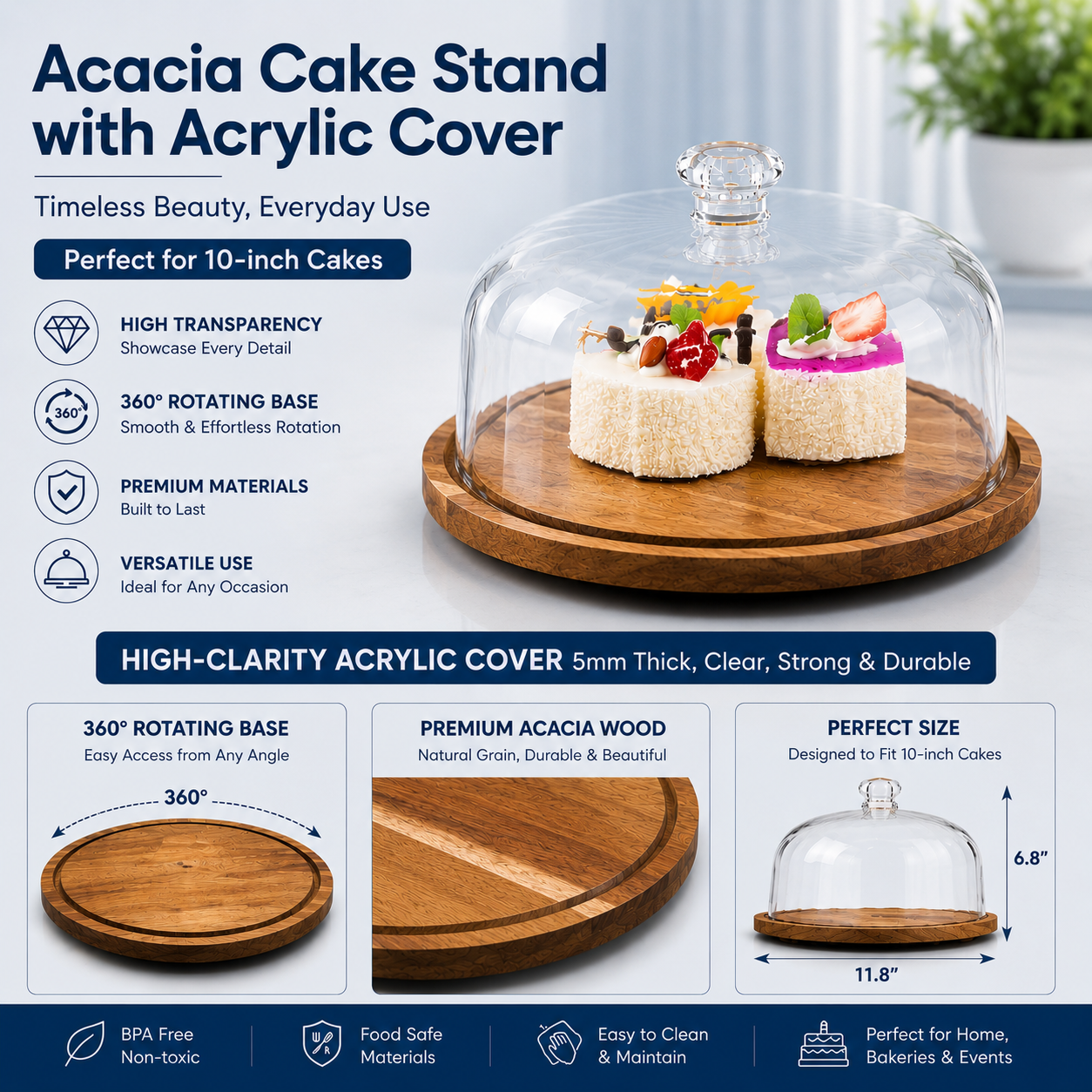 Acrylic Cake Dome with Rotating Acacia Wood Base