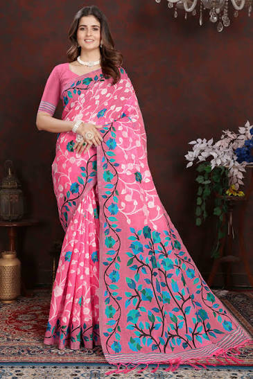 Silk Multi Color Dhakai Jamdani Saree - Cotton Silk, Free Size (5.5 M), Pink | Fine Finish, Great Design, Long Lasting, Scratch Proof, Seamless Design