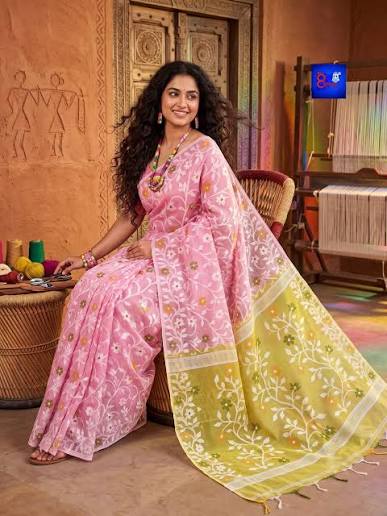 Silk Multi Color Dhakai Jamdani Saree - Cotton Silk, Free Size (5.5 M), Pink | Fine Finish, Great Design, Long Lasting, Scratch Proof, Seamless Design