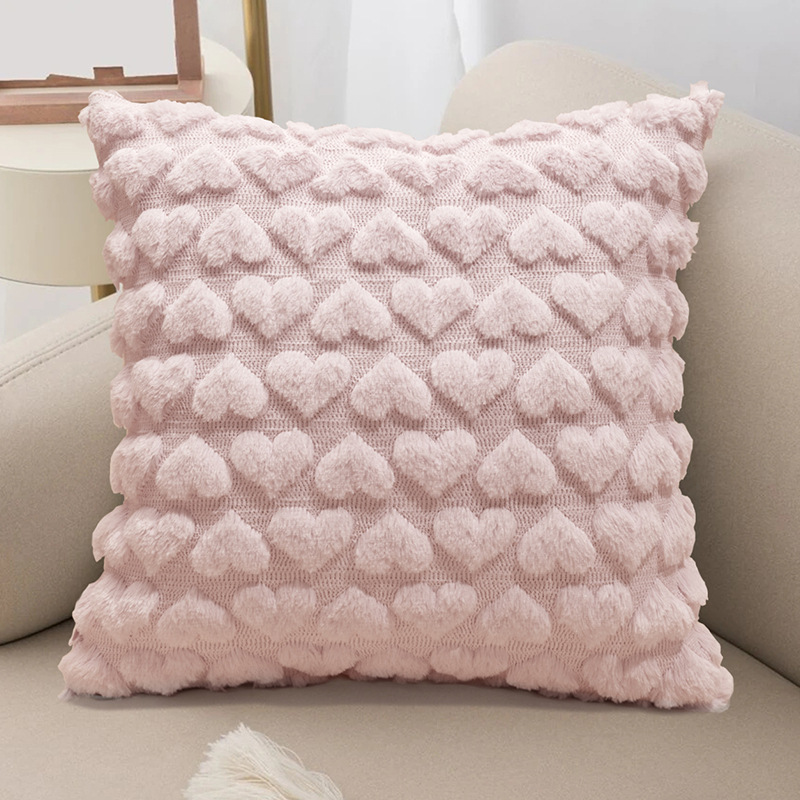 3D Heart Plush Cushion Cover Fluffy Single-Sided Faux Fur Cushion Case Pink Decorative Pillowcase for Couch Sofa Bedroom