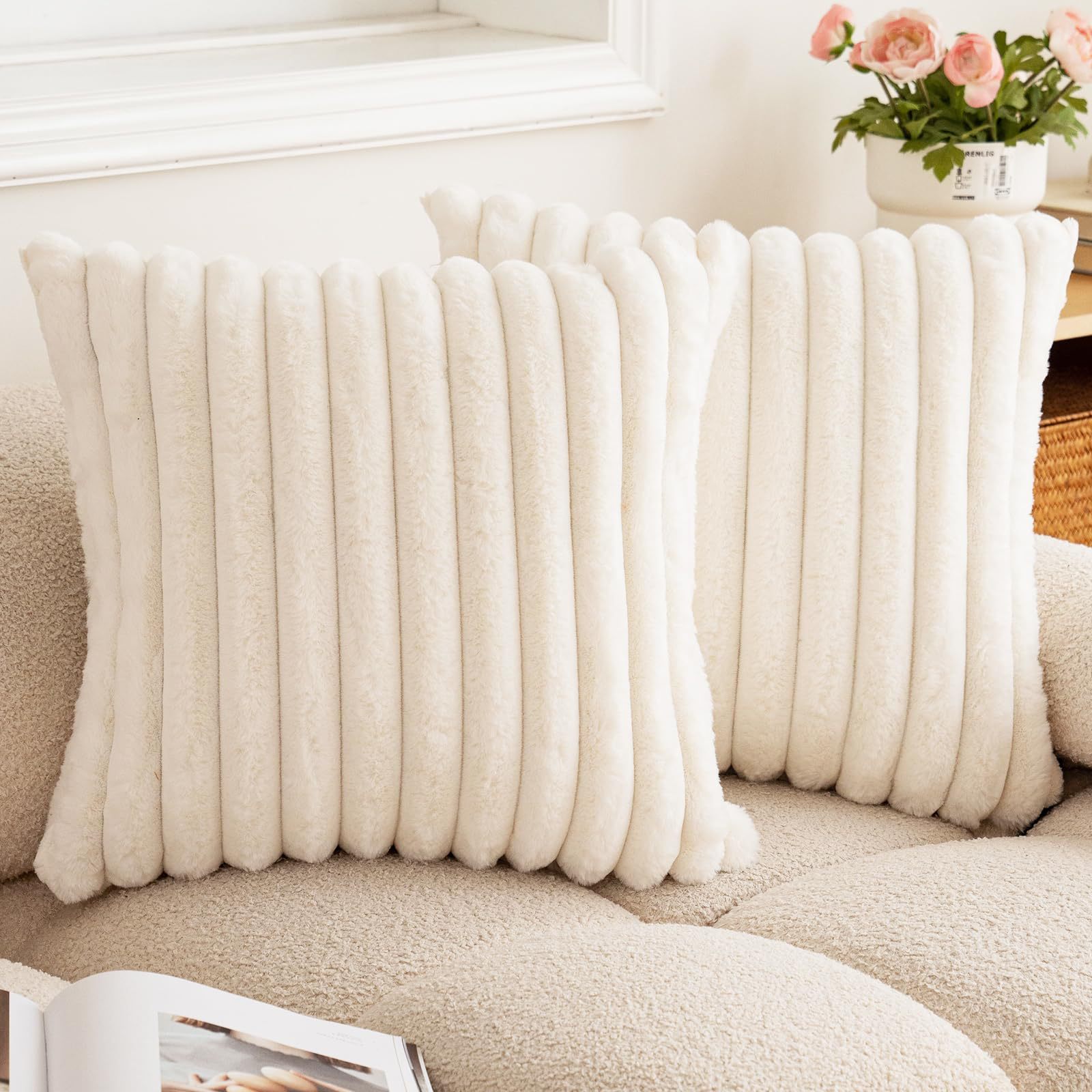 Faux Rabbit Fur Square Cushion Cover New Big Thick Striped Super Soft Solid Color Pillow Cover Sofa Decor Pillowcase