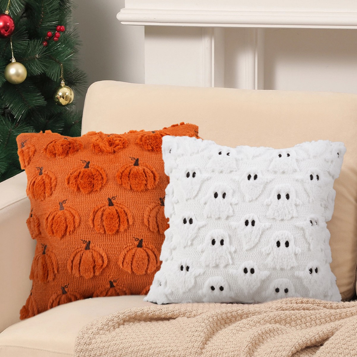 Halloween Pillow Covers Soft Plush Cute Ghost Spooky Decor Throw Pillows