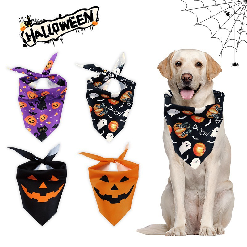 Halloween Dog Bandanas Pumpkin and Spider Web Bibs Triangle Reversible Fall Pet Scarf Adjustable Fit
