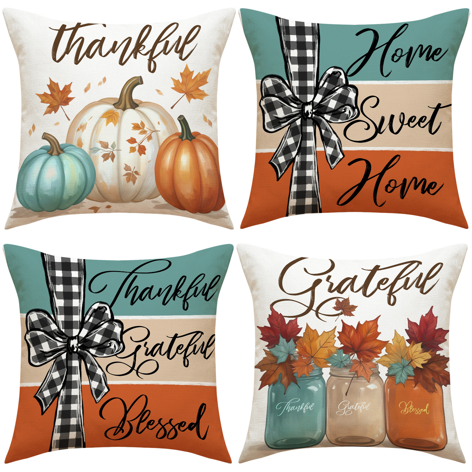 Fall Pumpkin Throw Pillow Covers Thankful Grateful Blessed Harvest Floral Decorations for Sofa Couch