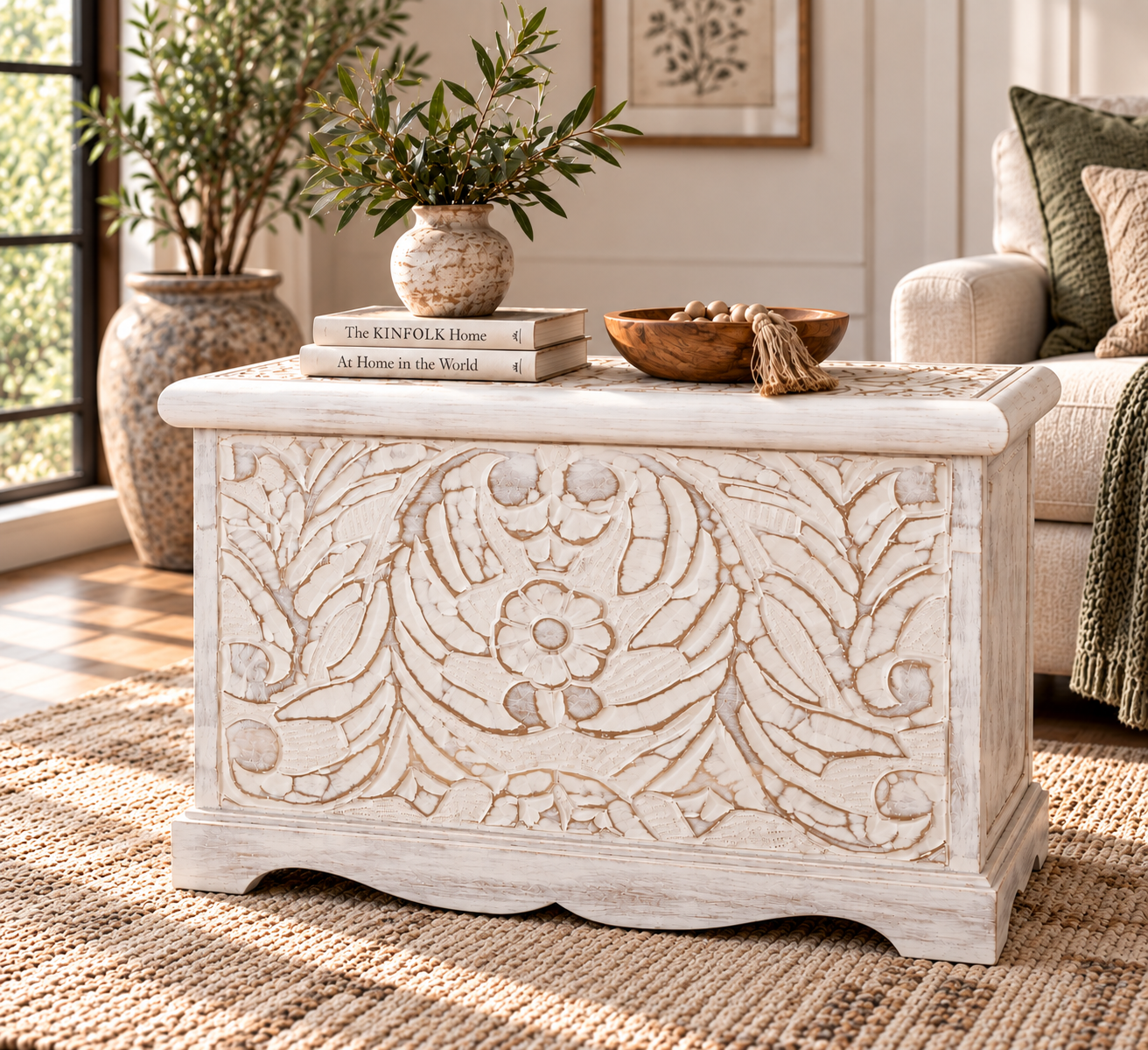 Distressed White Carved Wooden Blanket Box with Hinged Lid