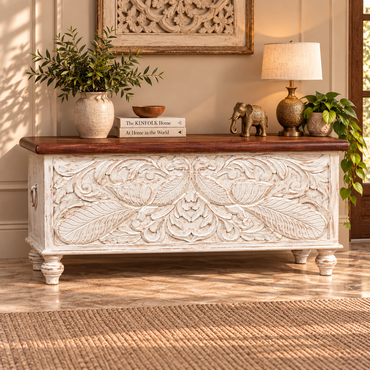 Hand-Carved Mango Wood Storage Cabinet with Floral Doors