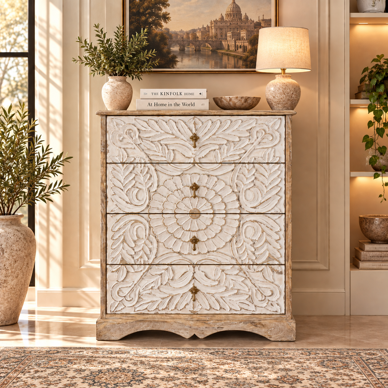 Hand-Carved Floral 4-Drawer Chest of Drawers