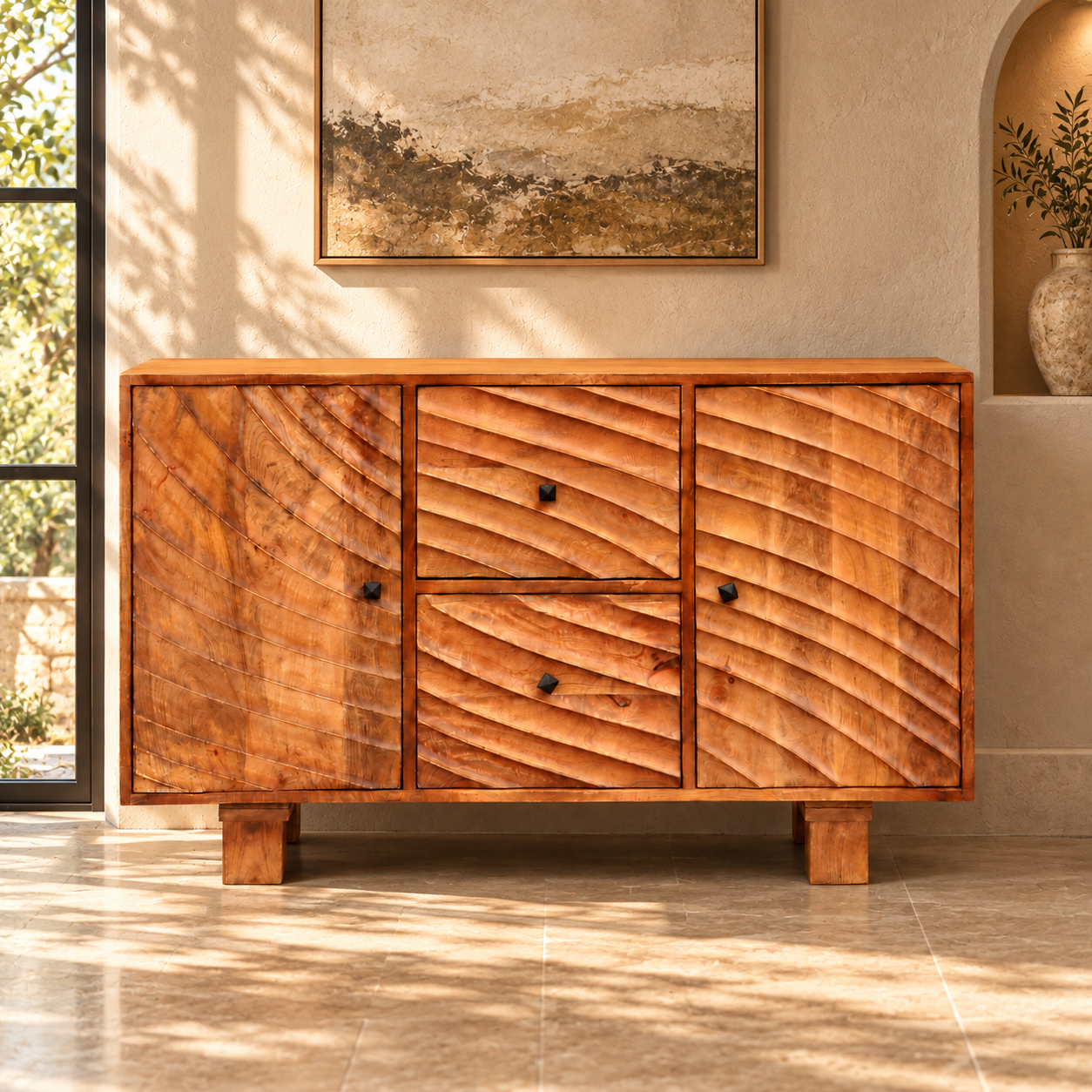 Carved Wave Mango Wood Sideboard with 2 Doors and 2 Drawers