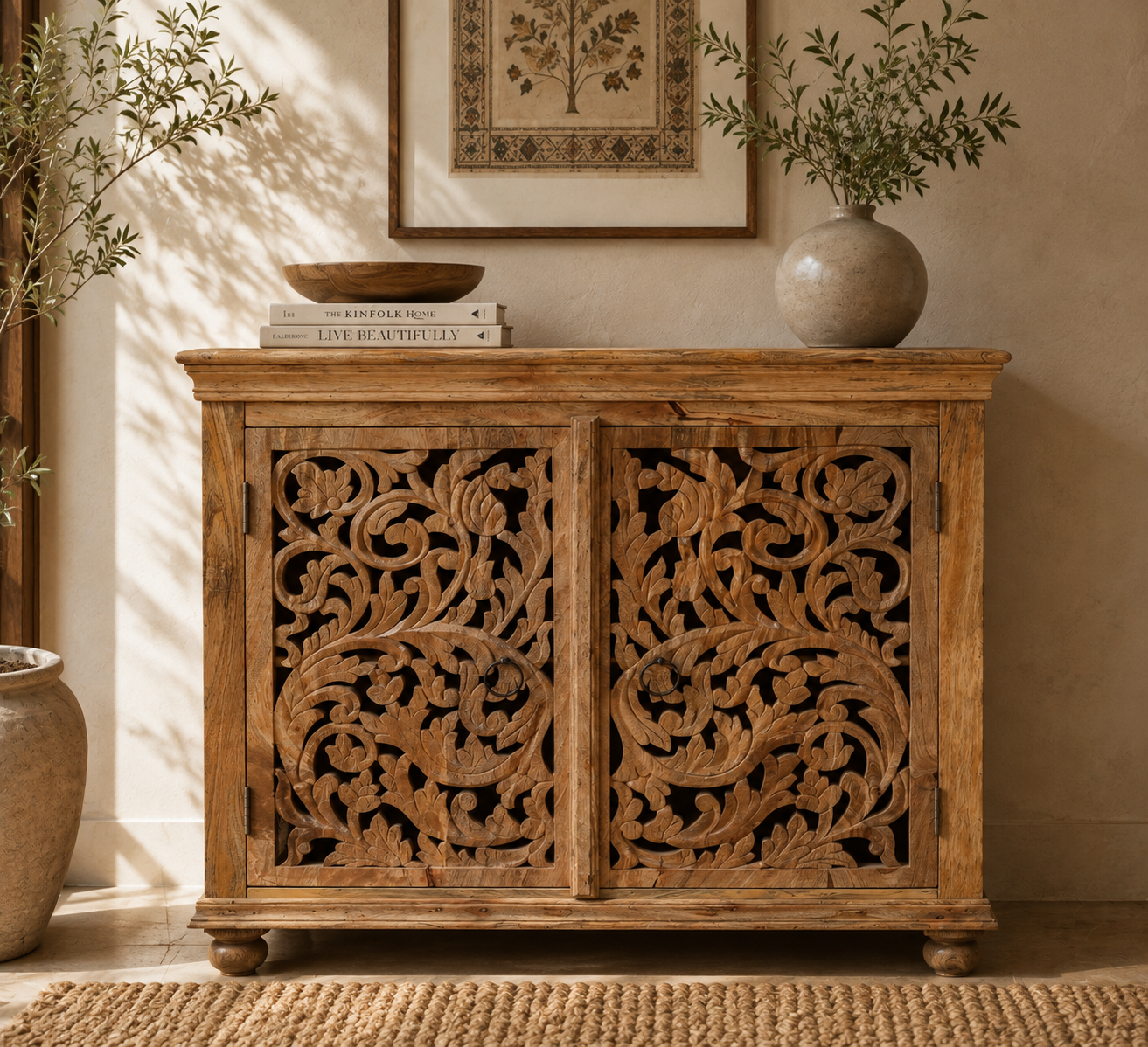 Floral Scroll Carved 2 Door Wooden Storage Cabinet