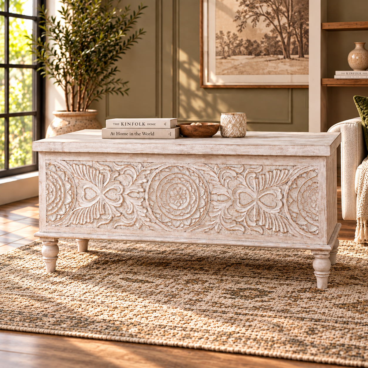 Distressed White Floral Carved Wooden Blanket Box