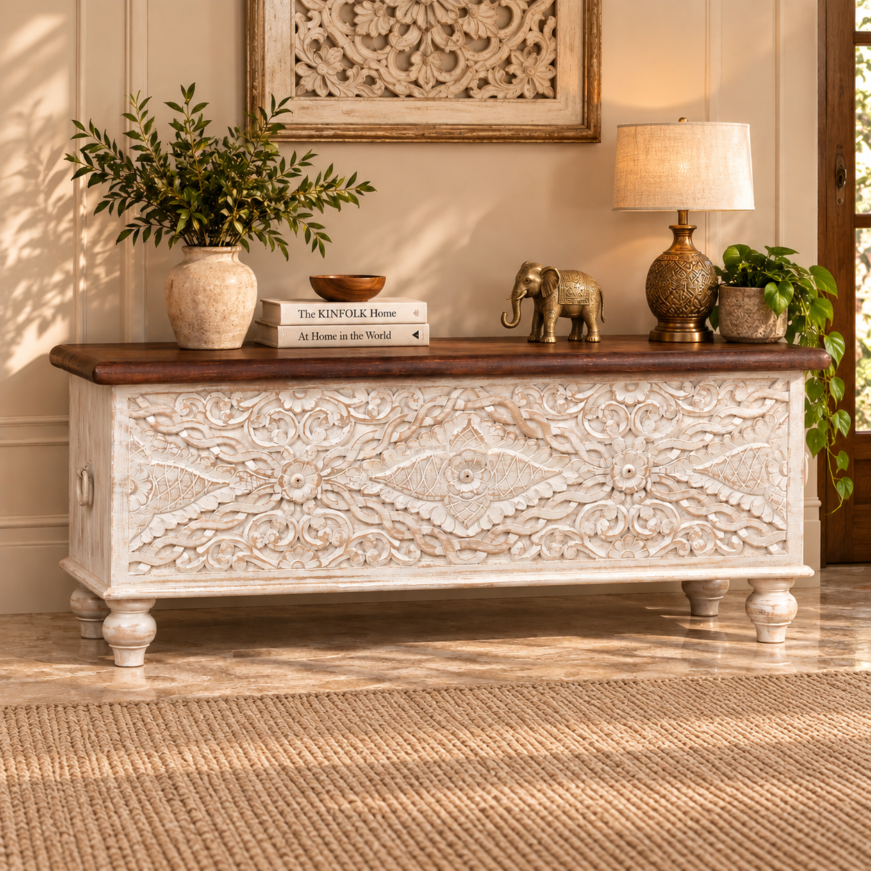 Hand-Carved Distressed White Blanket Box with Mango Wood Top
