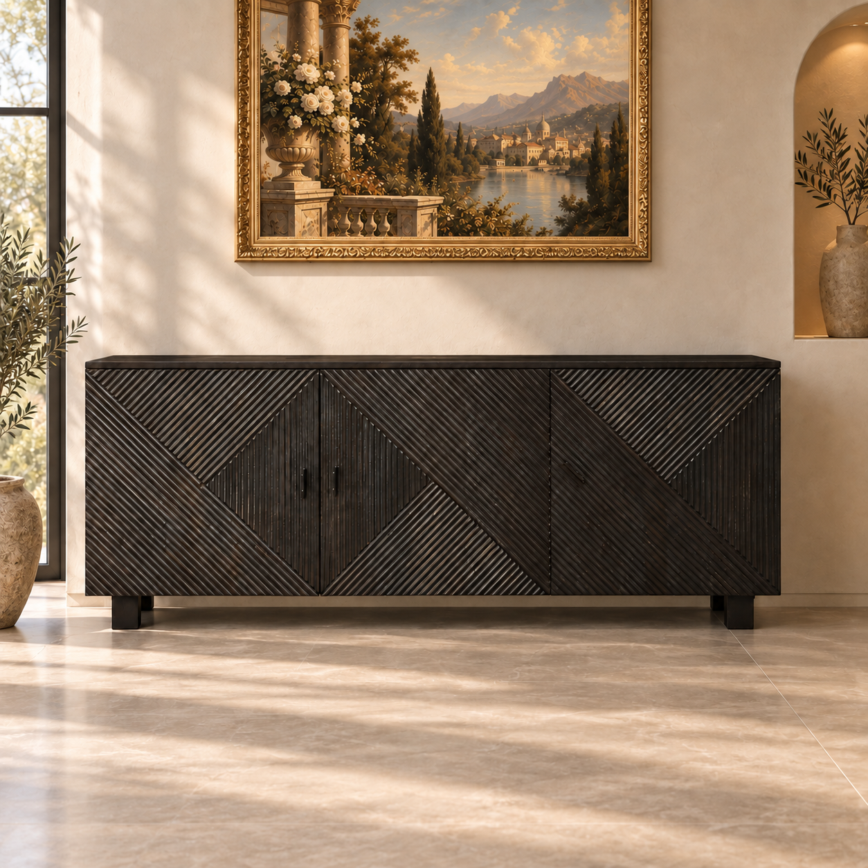 Handcrafted Dark Geometric Ribbed Wooden Storage Sideboard