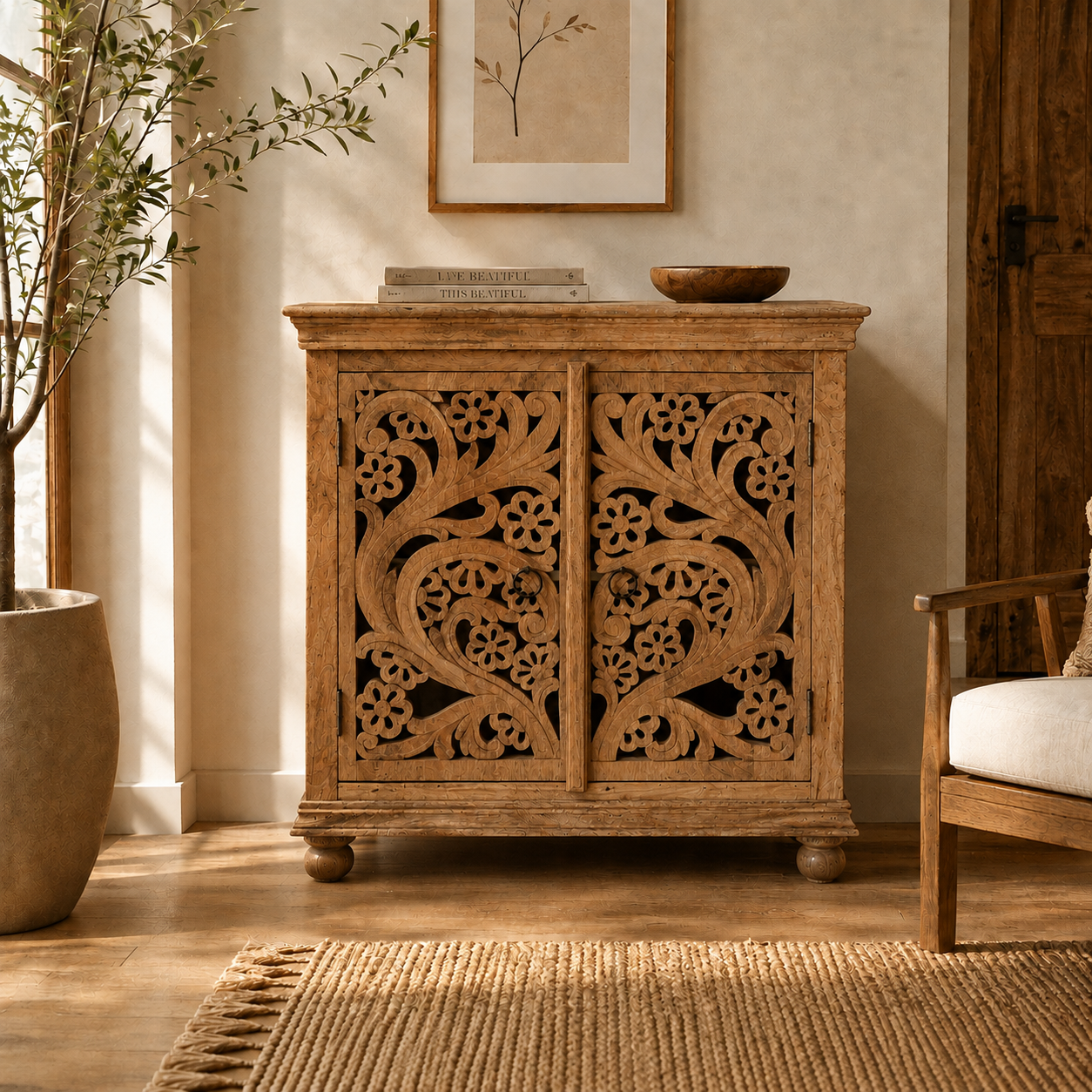 Floral Carved 2 Door Wooden Storage Cabinet (Natural)