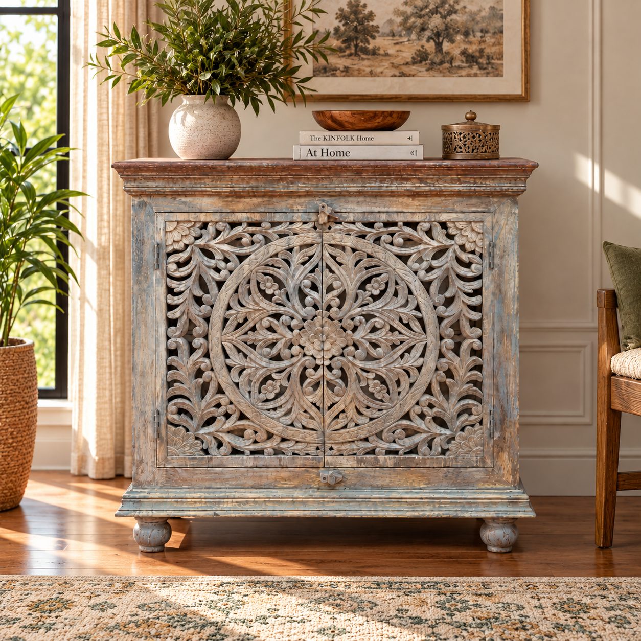 Floral Carved Two Door Wooden Storage Cabinet (Distressed Blue-Grey)