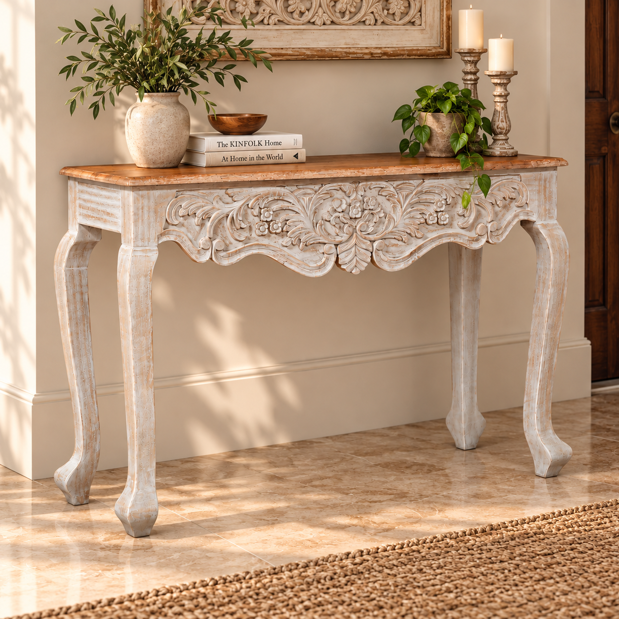 Hand-Carved Distressed White Wooden Console Table