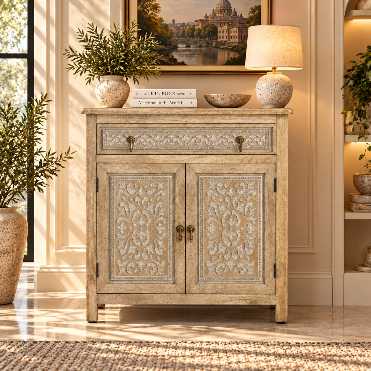 Handcrafted Carved Wooden 2-Door Sideboard Cabinet