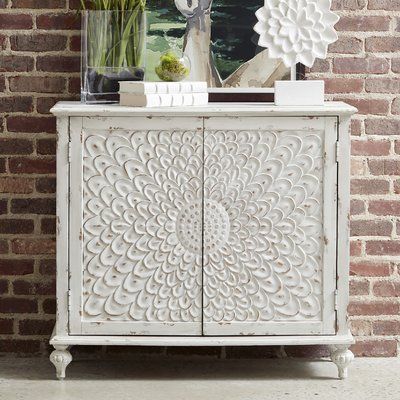 Floral Carved 2 Door Wooden Storage Cabinet (Distressed White)