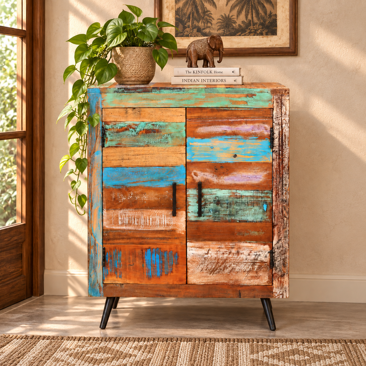 Distressed Multicolor Reclaimed Wood Storage Cabinet with 2 Drawers and 2 Doors
