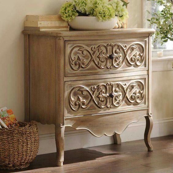 Hand-Carved 2 Drawer Wooden Chest of Drawers