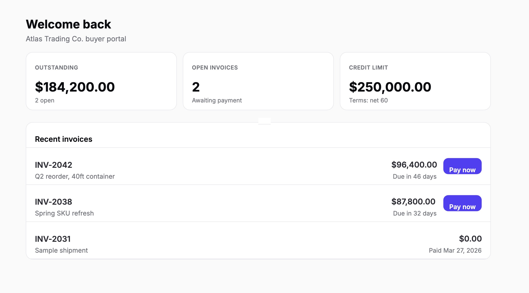 A buyer's dashboard showing $184,200 outstanding across two open invoices, a $250,000 credit limit with Net-60 terms, and Pay now buttons on every open invoice.