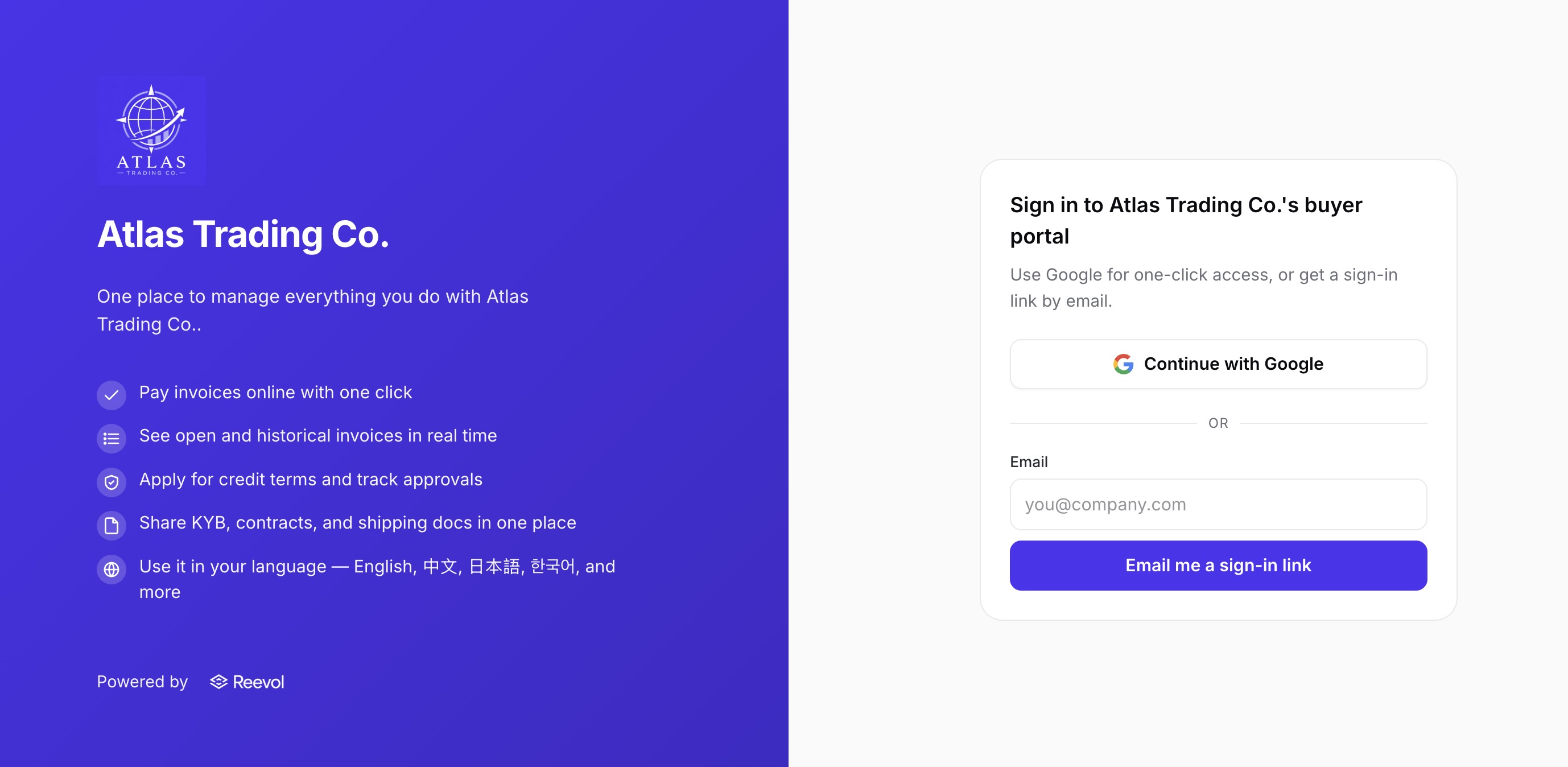 A buyer signing in to Atlas Trading Co.'s buyer portal with Google or a magic-link email.
