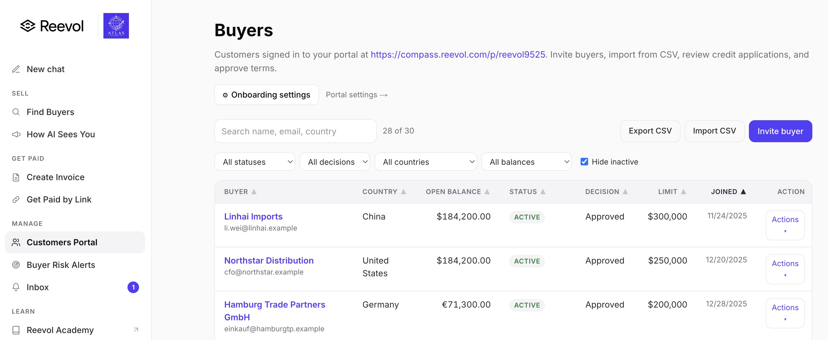 Customers Portal buyers roster inside Reevol: invite buyers, import from CSV, review credit applications, and approve terms. Sample rows show Seoul Logistics Group, Riviera Distribuzione SRL, Bangkok Beauty Imports, and Cape Town Naturals across South Korea, Italy, Thailand, and South Africa, with open balances, statuses, decisions, and limits.