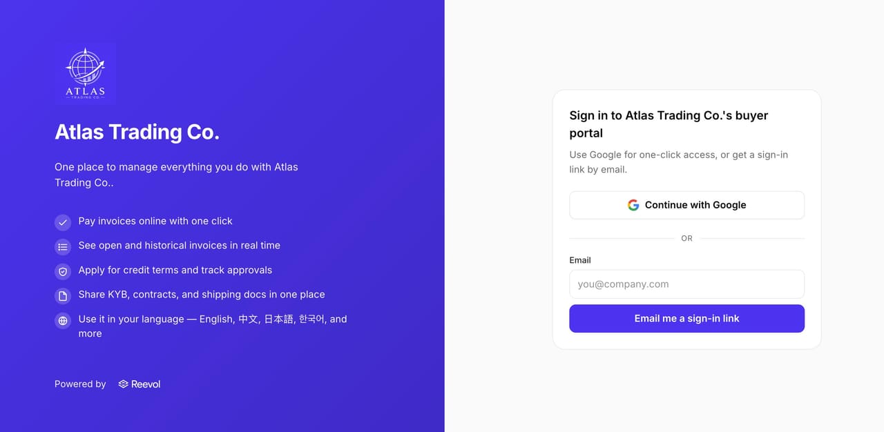 A buyer signing in to Mekong Harvest Foods's buyer portal with Google or a magic-link email.